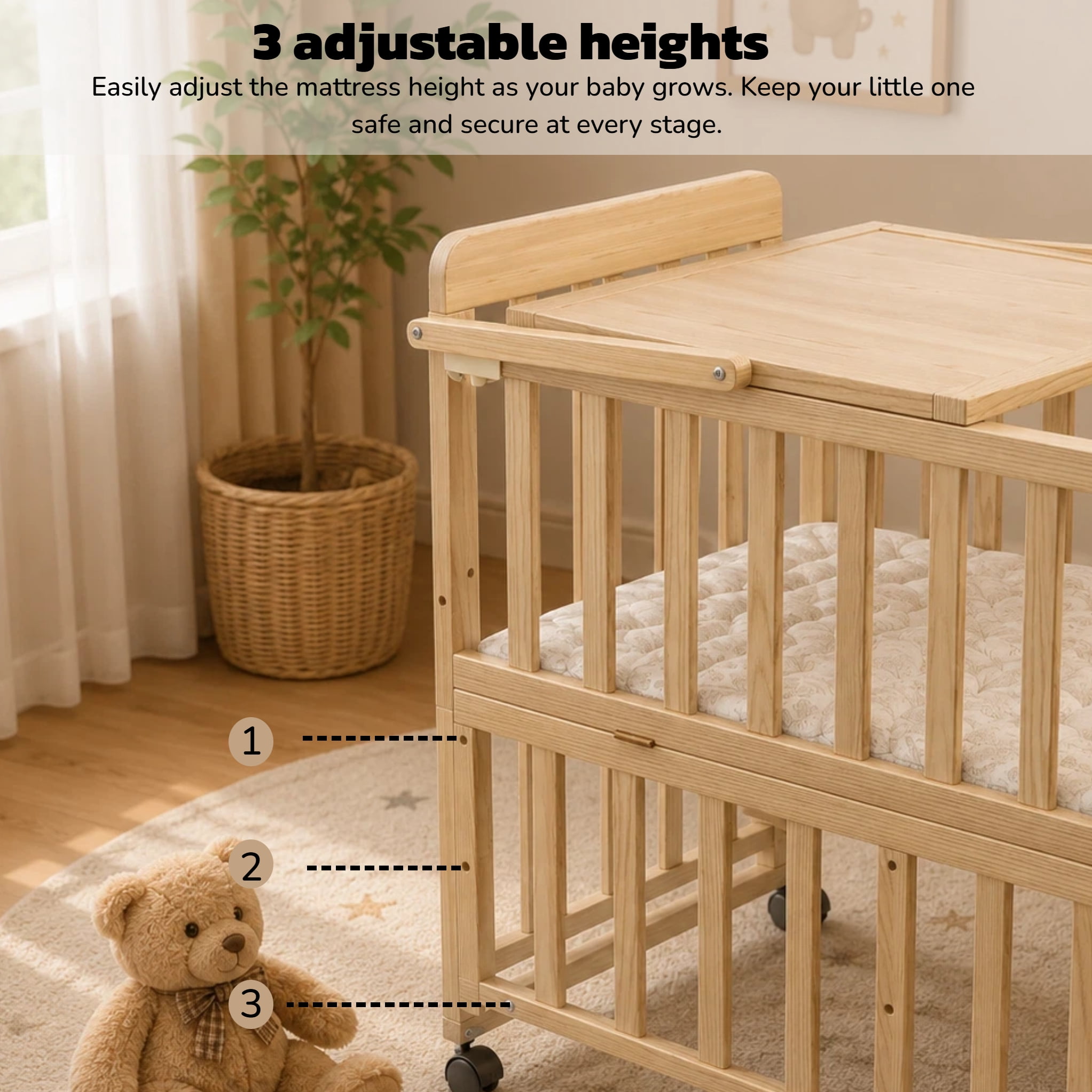 Mintazer Convertible Kids Crib with Changing Station & Height Adjustable, Bedside Bassinet with Lockable Wheels for Newborn Toddler, Natural (Mattress Included)