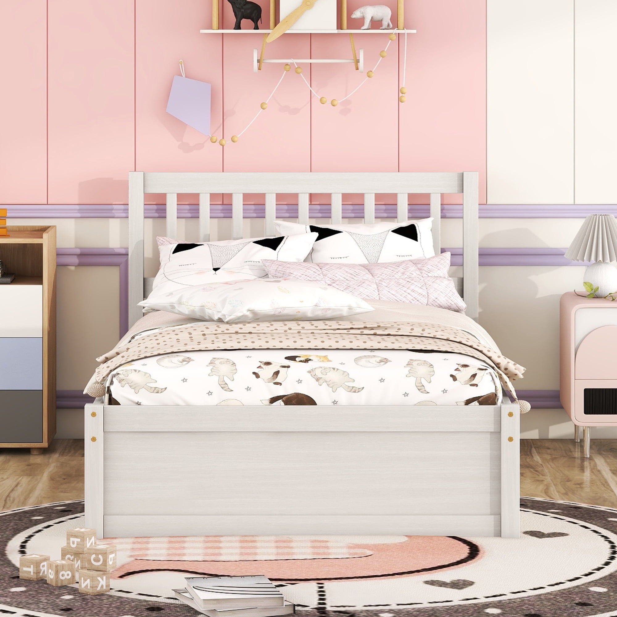 Aukfa Twin Platform Bed with Trundle Bed, Wood Bed Frame for Kids - White