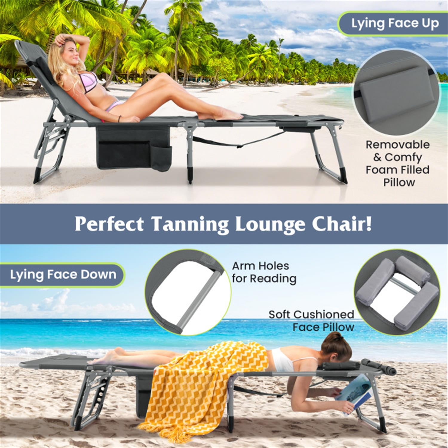 Demi Bonn 5-position Outdoor Patio Folding Chaise Lounge Chair for Outside Pool, Sunbathing and Reading on Stomach, Gray
