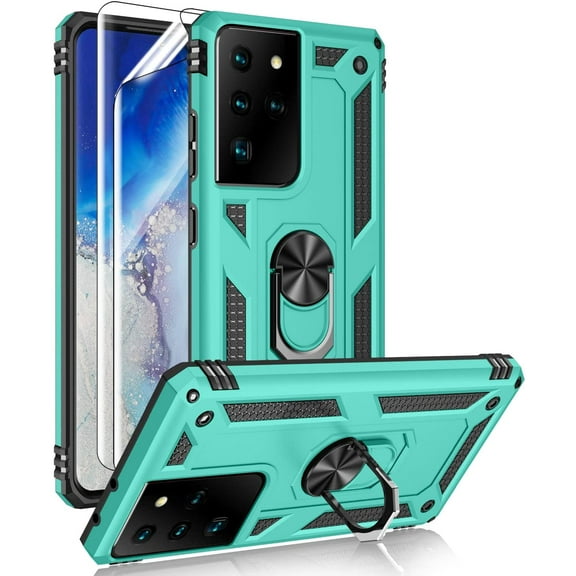 MYKOMI for Samsung Galaxy S21 Ultra 5G Case with HD Screen Protectors, Military-Grade Metal Ring Holder Kickstand 15ft Drop Tested Shockproof Cover Case for Samsung Galaxy S21 Ultra