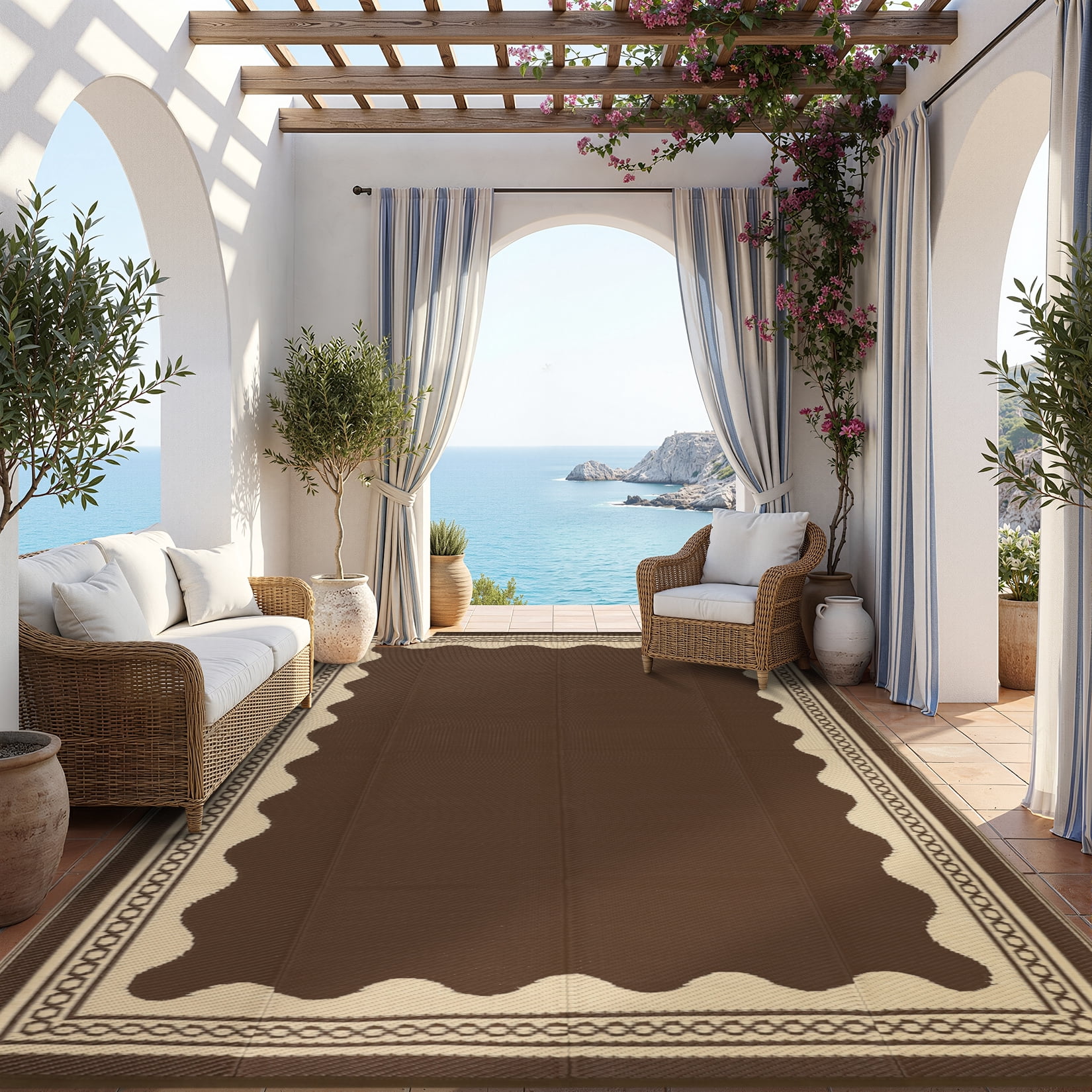 HIWEAVER Brown 10'x 14' Outdoor Rug Garden Decor Scolloped Bordered Carpet Plastic Straw Waterproof Reversible Patio Area Rug for Balcony Deck Picnic Portable Camping Mat