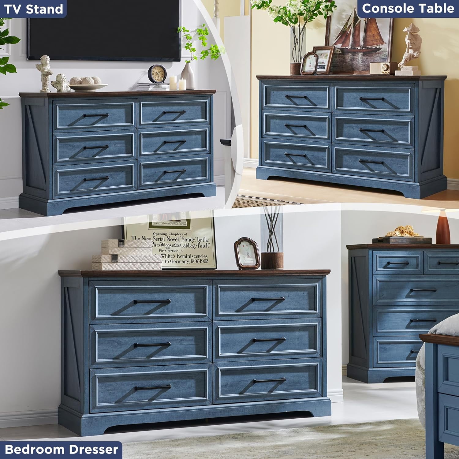 ACCOHOHO Farmhouse 6 Drawer Dresser, Rustic Wood Dresser Chest of Drawers for Bedroom，52'' Wide TV Stand with Large Drawers for Living Room， Blue