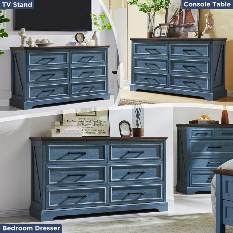 Accohoho Farmhouse 6 Drawer Dresser, Rustic Wood Dresser Chest of Drawers for Bedroom52'' Wide TV Stand with Large Drawers for Living Room Blue