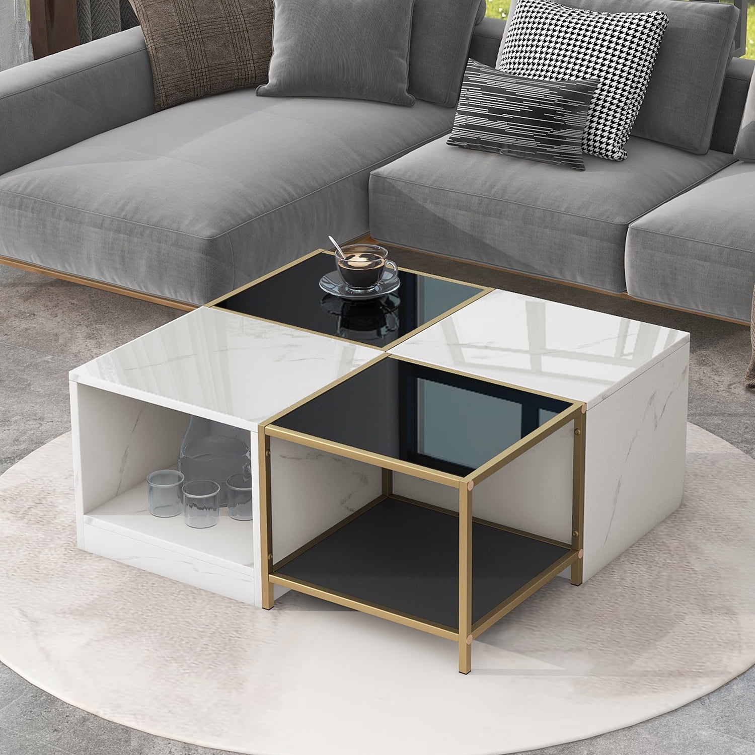 Kadyn Modern Coffee Table, Particle Board Tea Table with Metal Frame, Simply Assemble Square Corner Tables with High Gloss White Marble Finish, White+Black