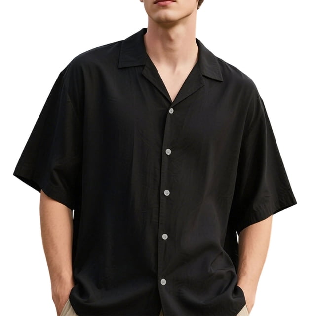Ceisia Men's Loose Short-Sleeve Turn-Down Collar Breathable Stretch Smooth Texture Solid Color Shirt Summer Spring Gift