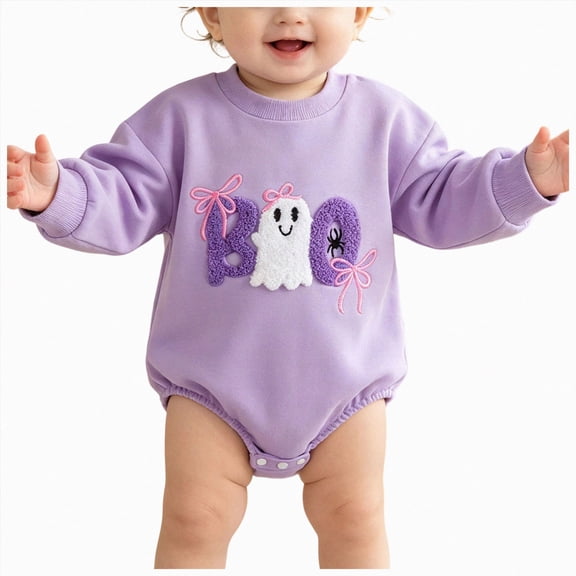 KPOPLK Baby Halloween Onesie Bodysuit BOO Embroidery Applique Long Sleeve Bubble Romper for 3 6 9 12 18 Months(Purple,6-12 Months)