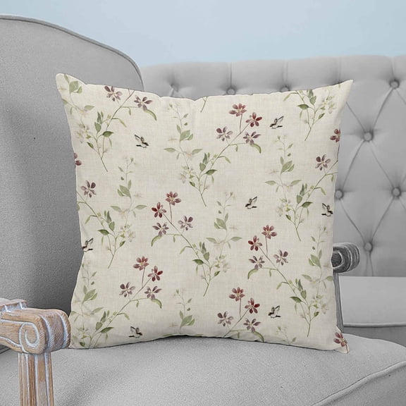 Flower Leaves Throw Pillow Covers, Soft Pillowcases with Invisible Zipper, Farmhouse Country Flower Bud Watercolor Decorative Square Pillow Cushion Covers for Living Room Couch Sofa Bed 18x18 Inches