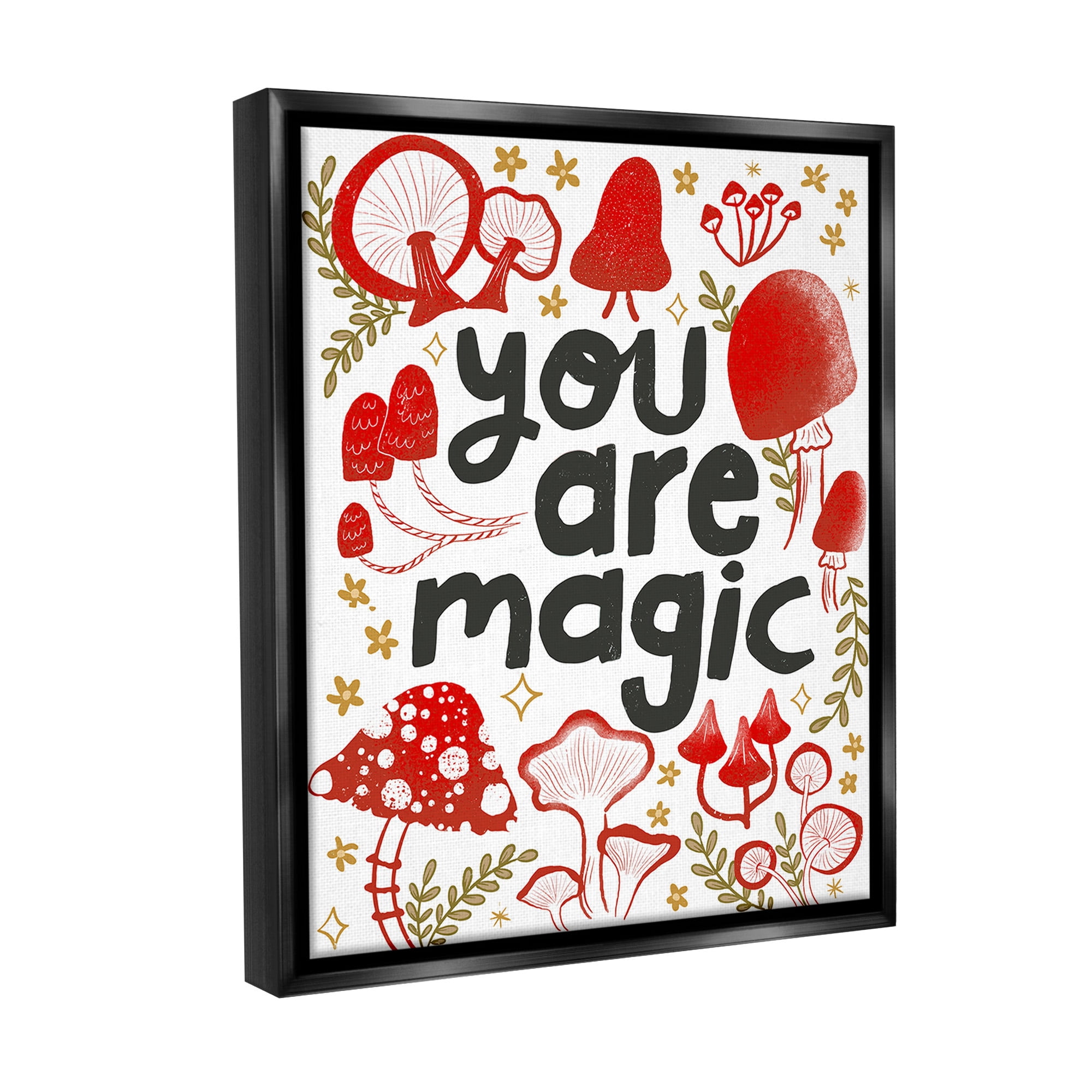 Stupell Industries Magic Phrase with Mushrooms Botanical & Floral Painting Black Floater Framed Canvas Art Print Wall Art, 25 x 31
