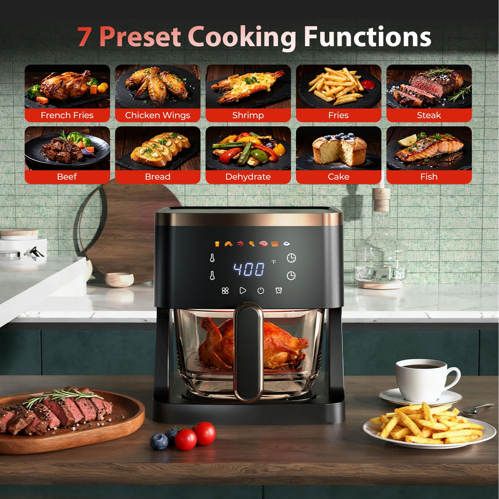 7-in-1 Air Fryer, 5 QT Glass Basket Fryer, 360° Cooking Window, 1400W Precise Heating, Air Fry, Reheat, Roast, Bake, Patbrela LED Smart Touchscreen