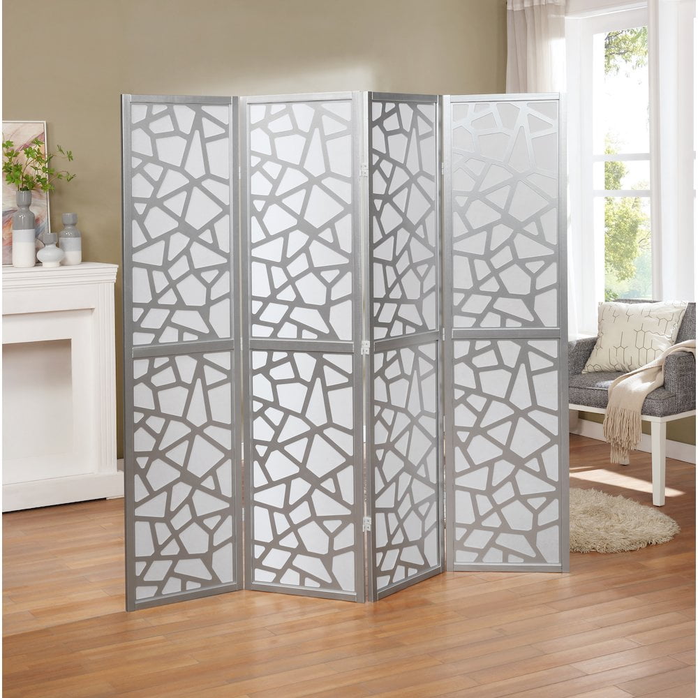 Roundhill Furniture Giyano Rice Paper/Wood 4-Panel Screen Room Divider in Sliver