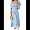thumbnail image 1 of Vestido Midi de Corta para Mujer, Cuello Cuadrado, Color Contrastante, Informal, Fruncido con Ribetes. Azul XL, 1 of 7