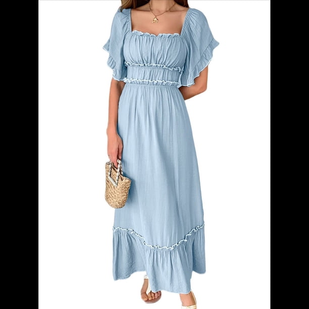 Vestido Midi de Corta para Mujer, Cuello Cuadrado, Color Contrastante, Informal, Fruncido con Ribetes. Azul L