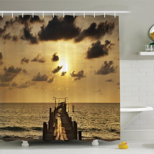 Ambesonne Nautical Wooden Deck Sunset Shower Curtain Set