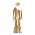 thumbnail image 4 of inlzdz Kids Girls 70s Hippie Dance Outfits One Shoulder Metallic Sequin Tassel Bell Bottom Jumpsuit and Hat Gold 12, 4 of 6