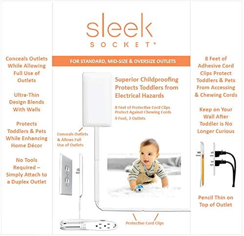 Sleek Socket Power Strip with Surge Protection & Outlet Concealer, Baby Proof Flat 8-ft Cord