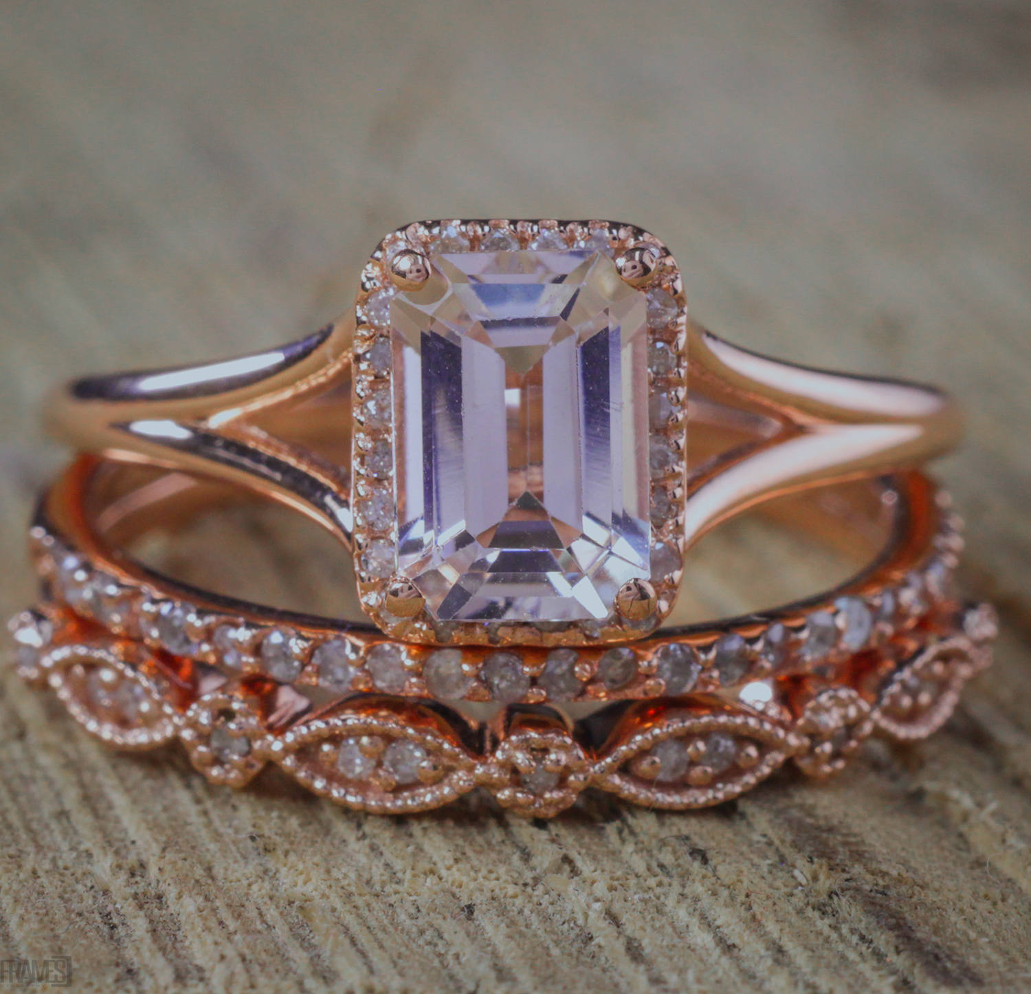 Jeenmata 2 Carat Emerald Cut Morganite And Diamond Trio Ring Set