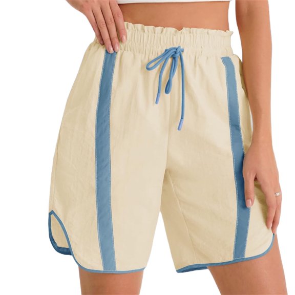 Summer Elastic Waist Women Drawstring Color Block Straight Shorts