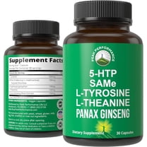Peak Performance Mood Support Supplement with 5 Top Ingredients: 5HTP, SAM e, L Tyrosine, L Theanine, and Panax Ginseng. Calm, Focus, Relaxation Supplements. Vegan