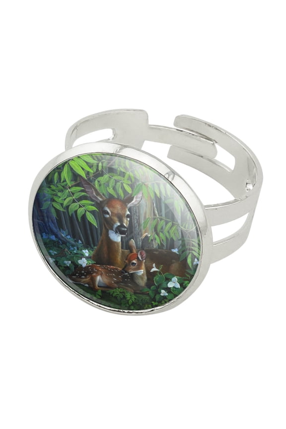Doe Deer and Fawn Baby Silver Plated Adjustable Novelty Ring