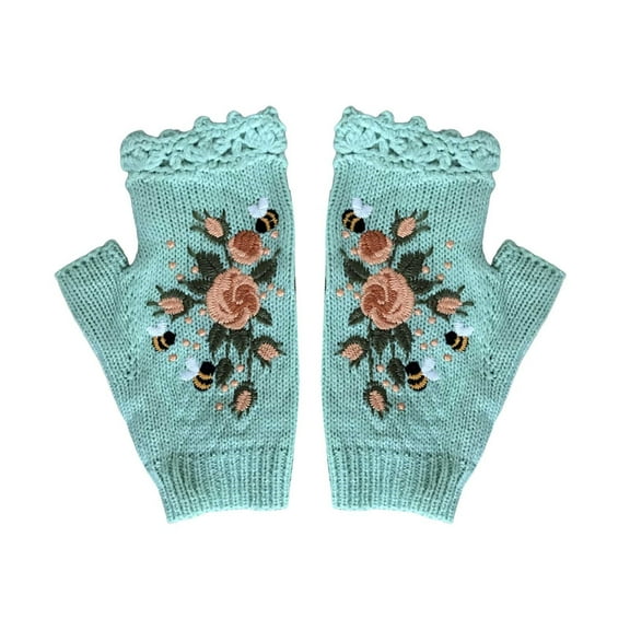 Skpblutn Women'S Glove 2023 Hand Embroidered Flower Embroidered Hand Fingerless Hand Knit Fingerless Embroidered Flower Knitted Gloves Green A
