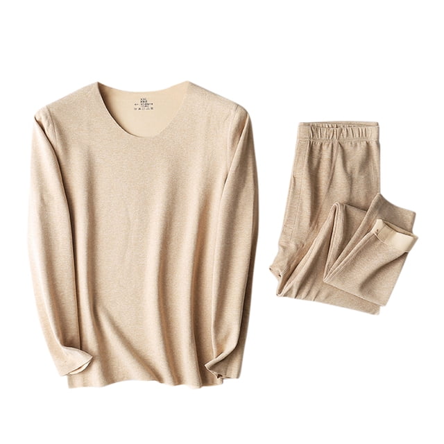 WZXFASHION Womens Solid Color Thermal Underwear Stretch Top & Pants Set Bra&BriefSets Beige L