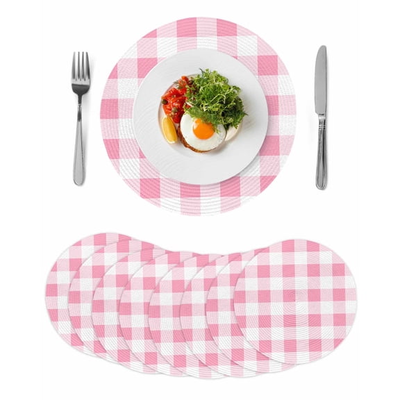 Pink Checkered Round 15 Inch Placemats Set of 8, Pink White Buffalo Plaid HeatResistant Non Slip Place Mats for Dining Table, Wipeable Braided Kitchen Table Mats for Housewarming