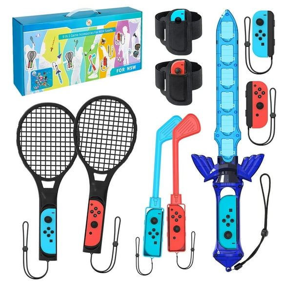 Kit de accesorios deportivos para Nintendo Switch y Switch OLED – Paquete familiar con raquetas de tenis, palos de golf, espadas, muñequeras y correas para las piernas