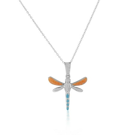 - 925 Sterling Silver 3D Orange Blue Enamel Glitter Dragonfly Charm Pendant Necklace, 18