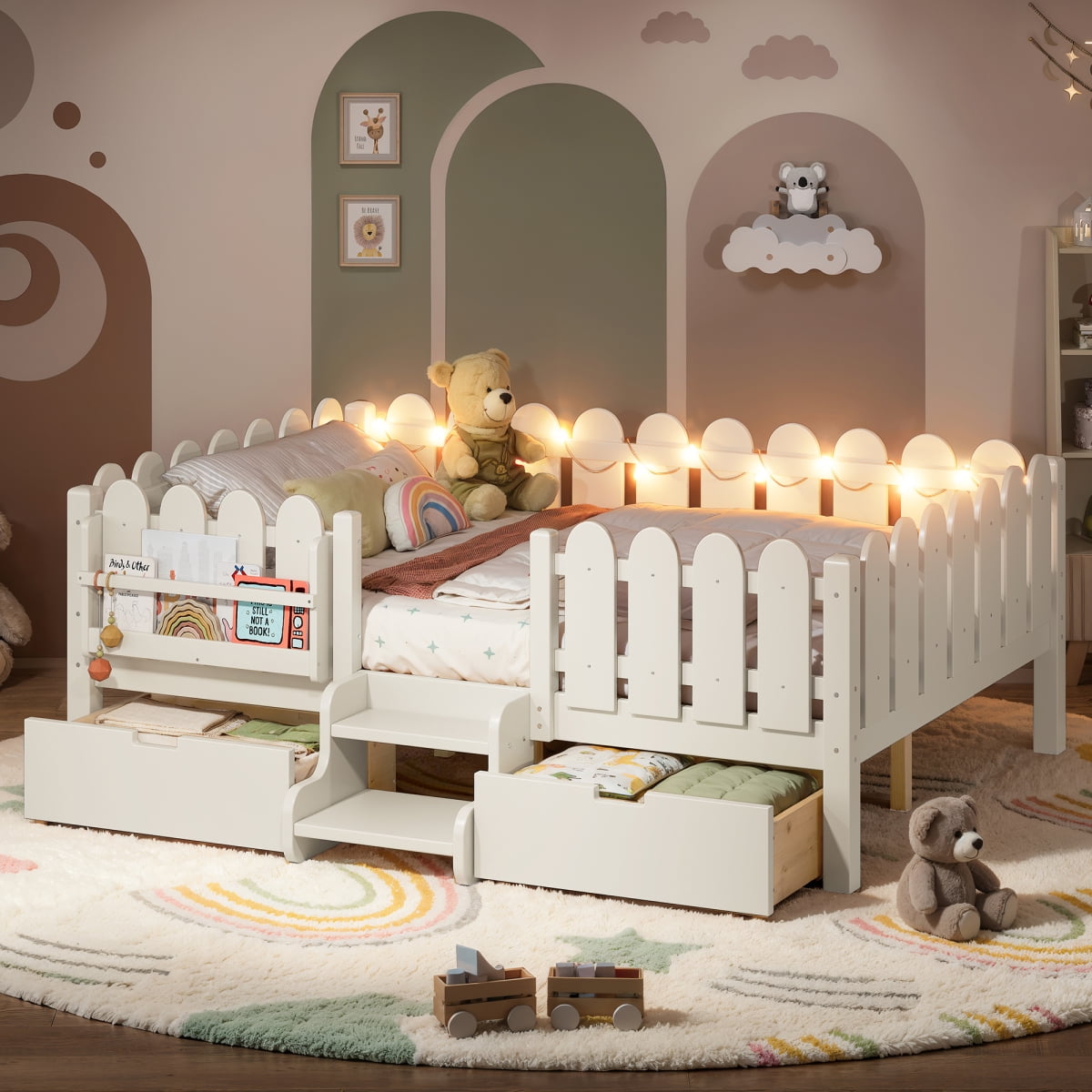 Full Size Platform Bed with Guardrail and Bookshelf, this Bed Frame with Led Lights and Stairs, Low Profile, Childlike And Farm Style Design, Beige