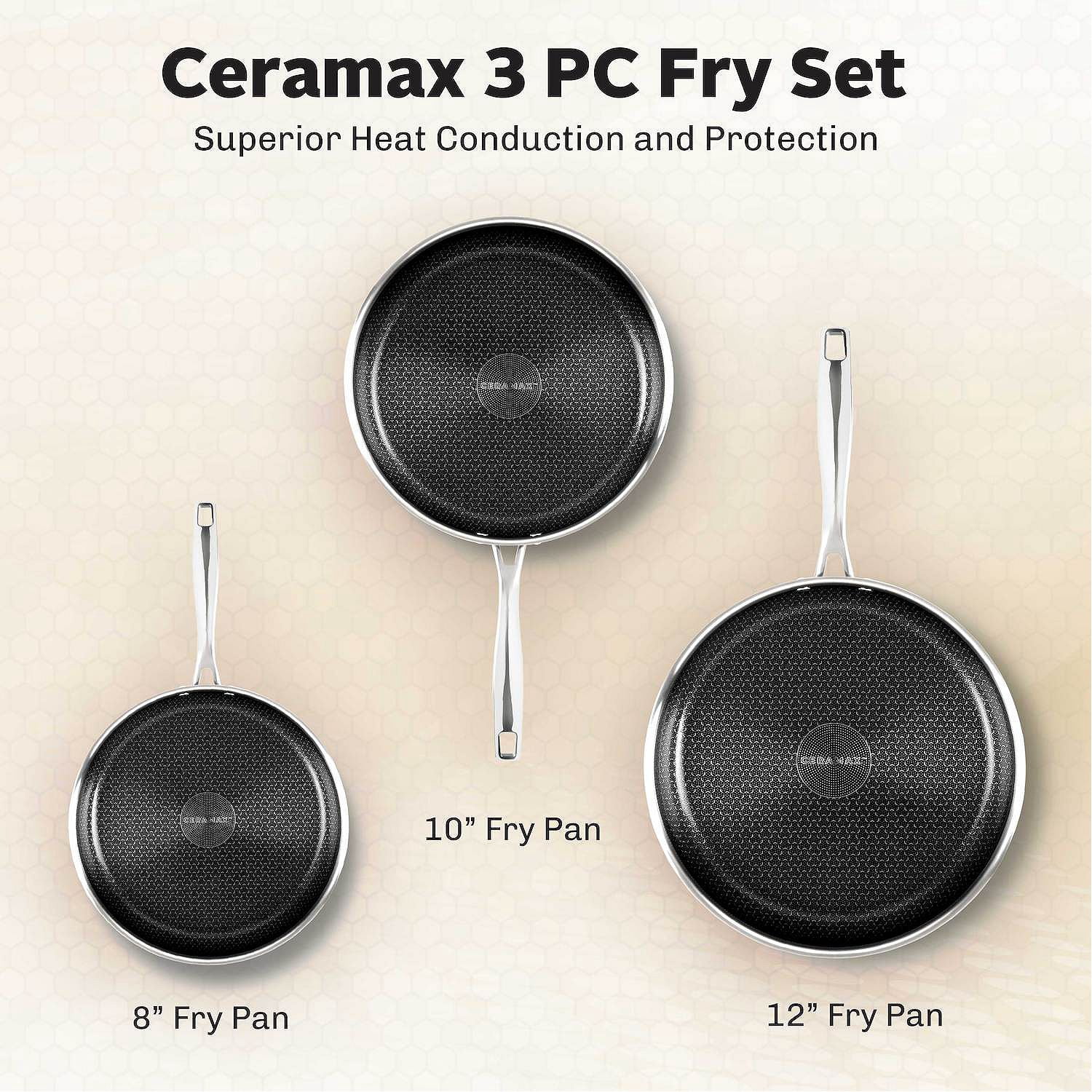 Ceramax 3pc Non Stick Frying Pans Set, 8, 10, 12 inch 3 Layer Tri-Ply Ceramic Frying Pan Skillet Set with Tritanium Nonstick Technology, Micro Textured Ceramic Etched Design, Induction Ready, Black