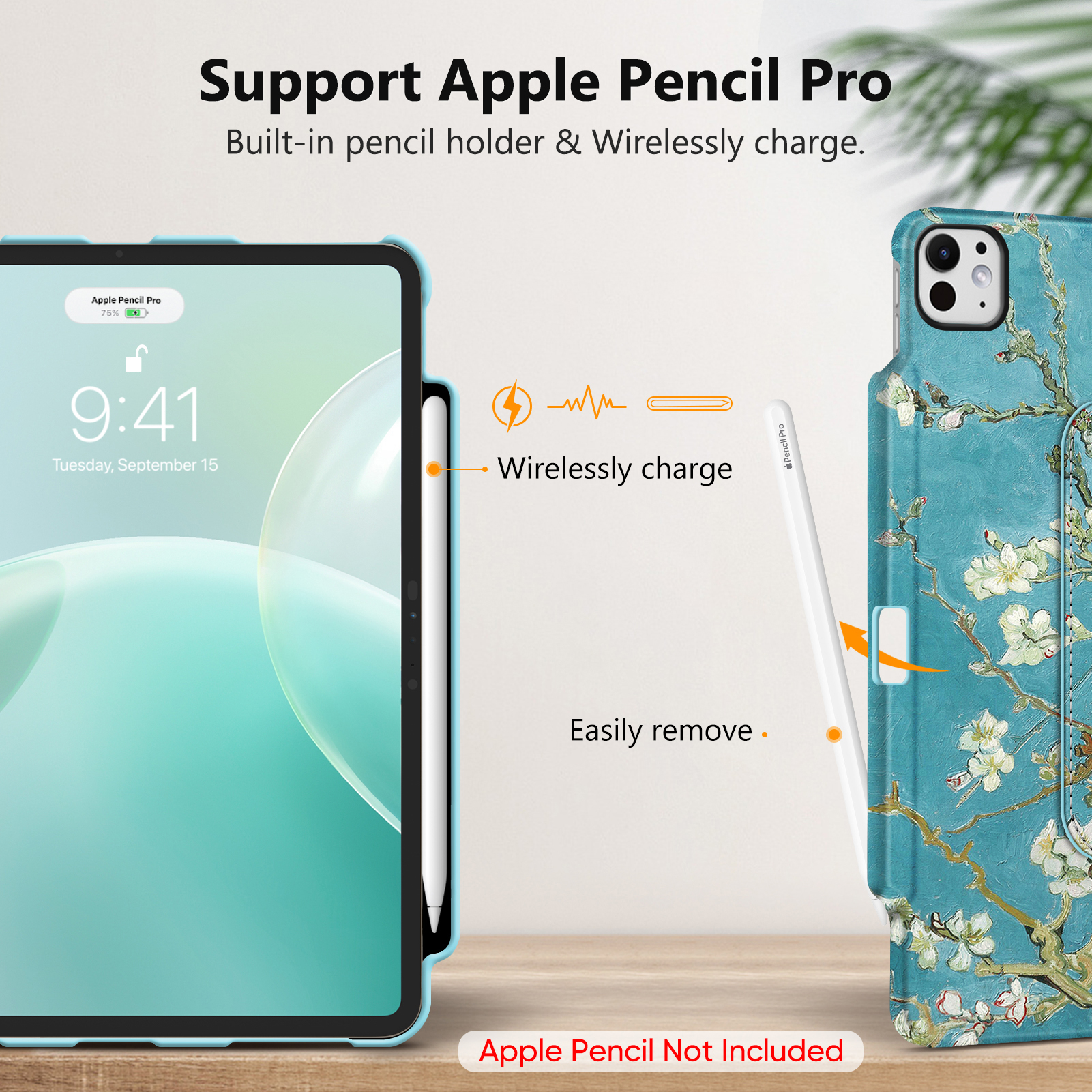 Fintie Rotating Case for iPad Pro 13-inch M4 Chip 2024 Release, 360 Degree Swiveling Protective Stand Cover with Pencil Holder, blossom