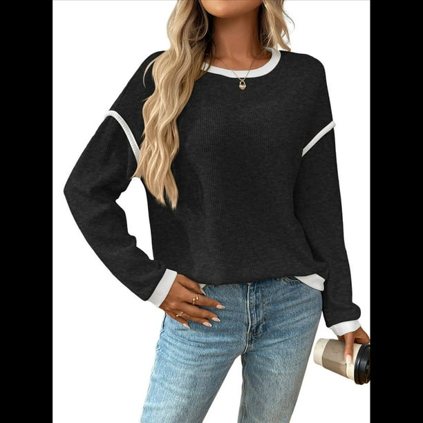 Suéteres de Cuello Redondo, Larga, Oversize, con Bloques de Color, de Punto Acanalado y Abertura Lateral para Mujer (Otoño de 2025) Negro y Gris L