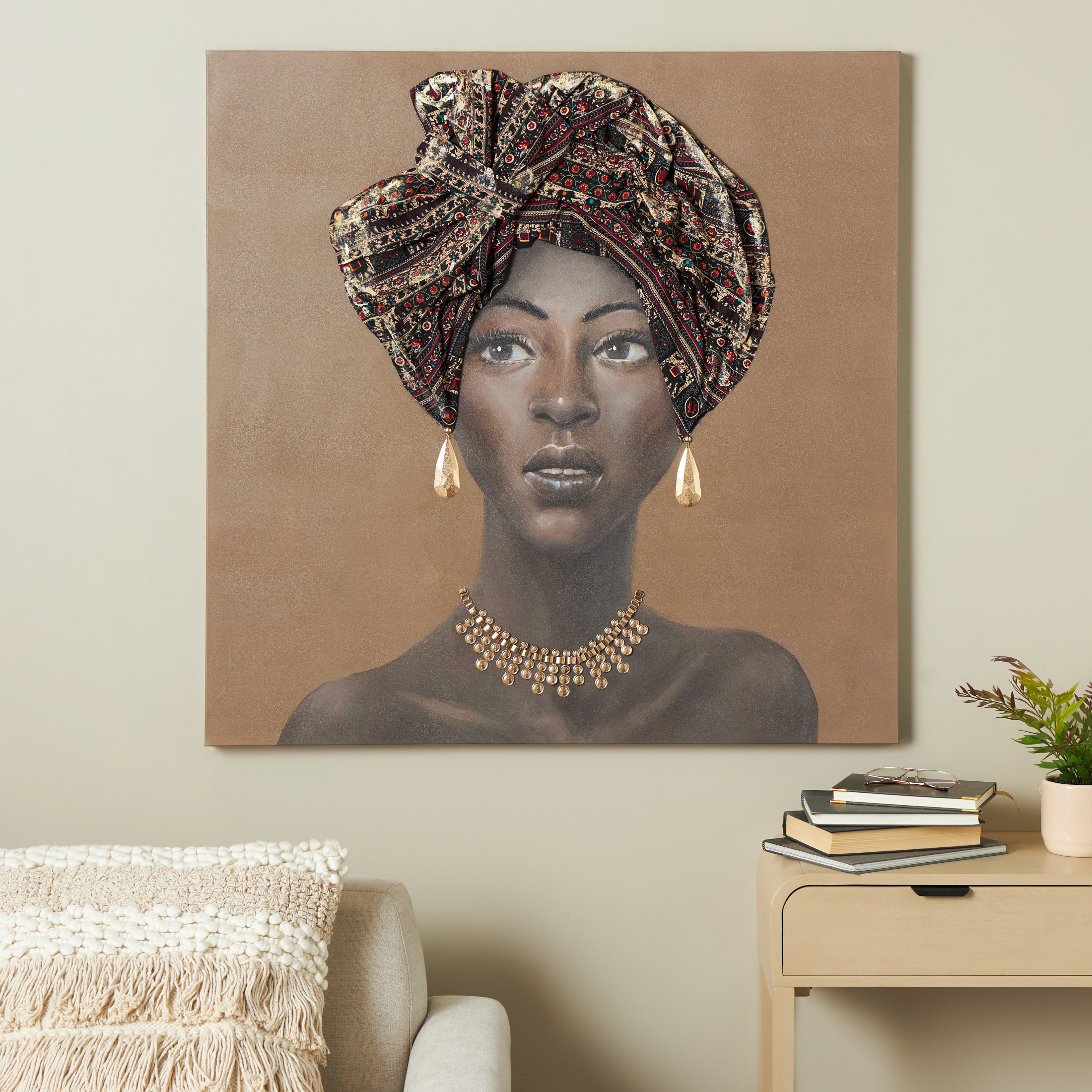 40" x 40" Unframed Woman Wall Art with 3D Fabric Headwear And Gold Jewels, by DecMode