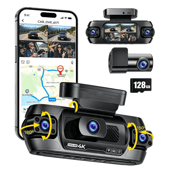 XIBUFE 360° Dash Cam 4 Channel, 4K Front Rear and Inside Dash Camera | 5G Hz Wifi, Gps, 128Gb Sd Card Included, App Control, 24/7 Parking Mode, 8 Ir Night Lights, G-Sensor