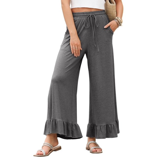 Womens Wide Leg Pants Drawstring Elastic High Waisted Ruffle Hem Palazzo Pants with Pockets Grey L