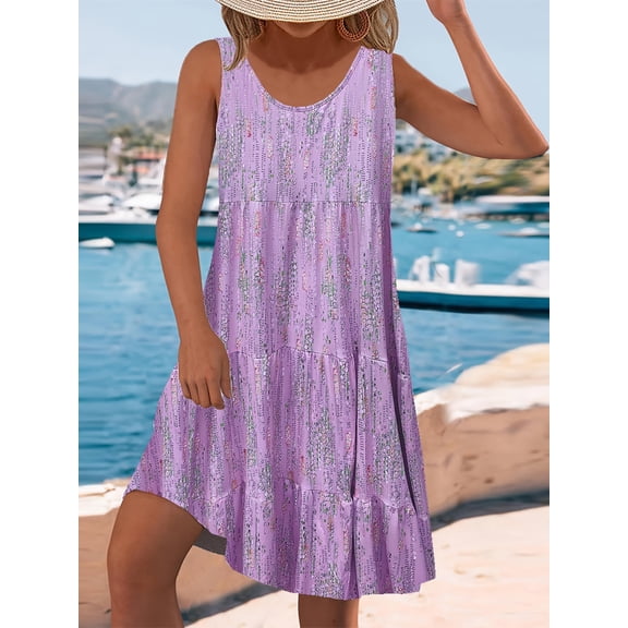 Nyfairy Women's Plus Size U Neck Sequins Sleeveless Tiered Ruffle Sequined Floral Print Loose A-Line Mini Dress, Casual Elegant Party Dress