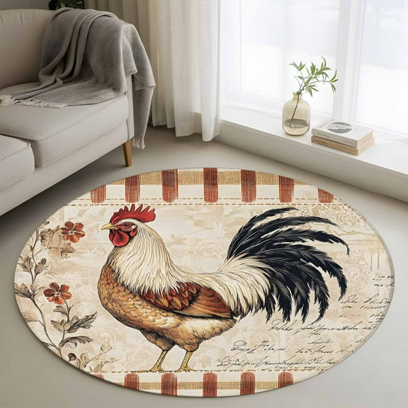 Vintage Rooster Round Rug 3ft Washable Circle Entryway Rugs Non Slip Watercolor Spring Floral Farmhouse Animals Area Rug Indoor Floor Carpet for Bedroom Kitchen Living Room Home Office Dining Room