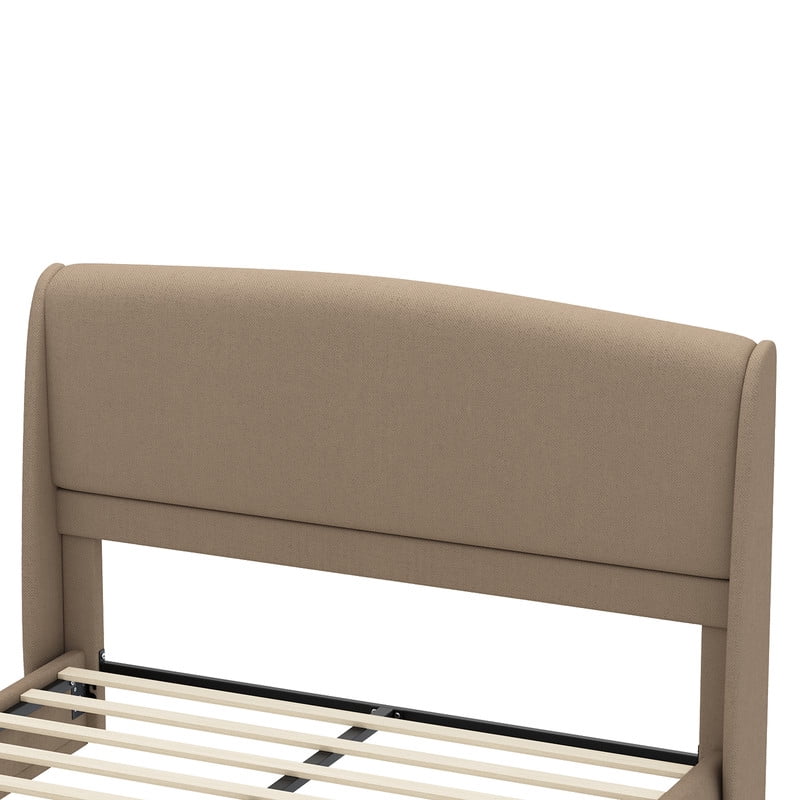 Queen Size Linen Upholstered Bed Frame with Padded High Headboard, Low-Profile Platform Bed with No Box Spring Needed