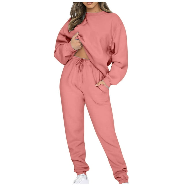 Moxiu Ensemble Détente en Molleton 2 Pcs pour Femmes - Chandail à Col Ras du Cou, Joggers avec Poches Rose, m