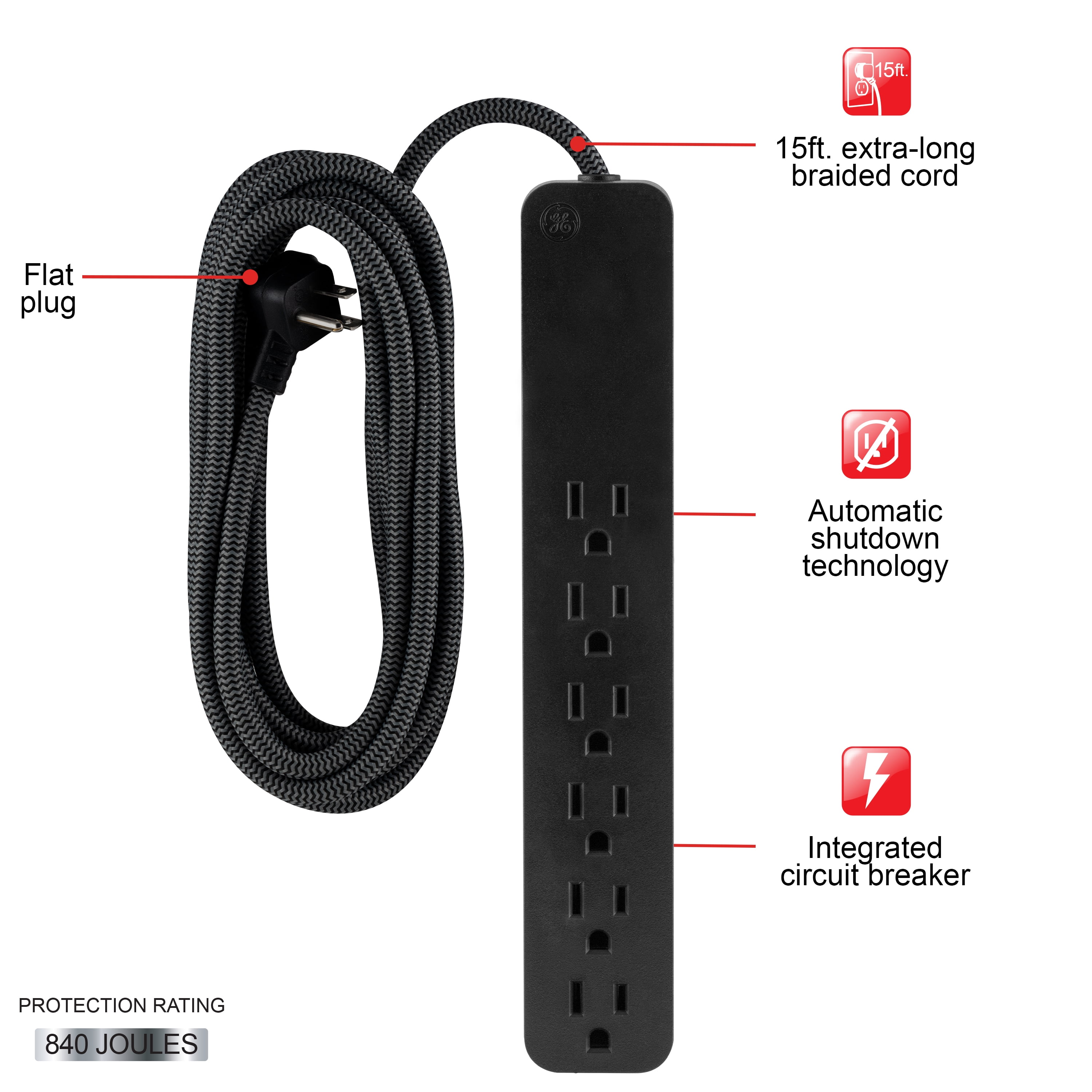 GE 6-Grounded Outlet Surge Protector, 840J, 15ft. Braided Cord, Black – 62939