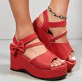 thumbnail image 2 of Rokment Womens Bow Platform Wedge Dressy Sandals Fashion Casual Leather Open Toe Ankle Strap Chunky Heeled Dress Summer Shoes for Bride Wedding Business Red Size 7, 2 of 6