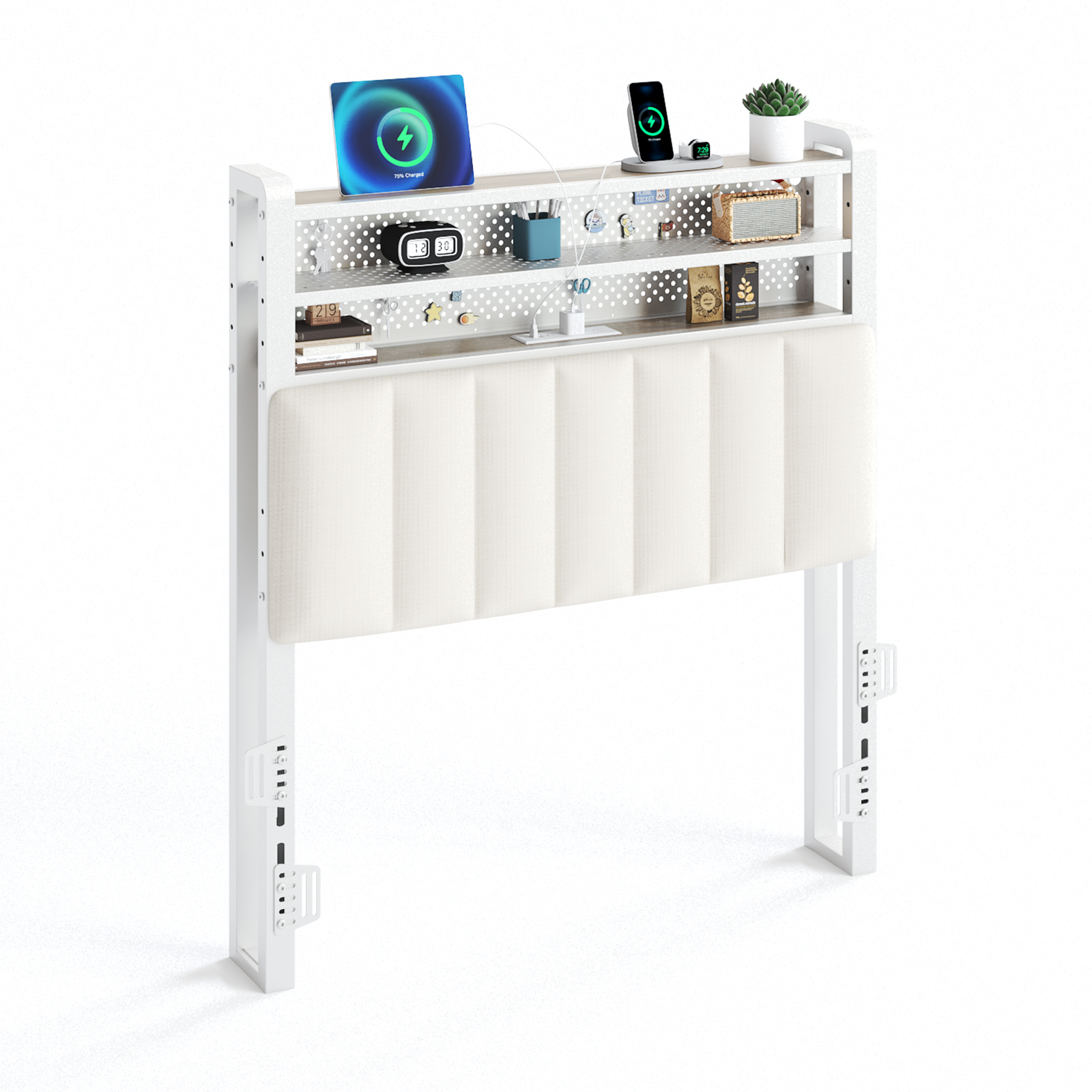 Zimtown Headboard for Twin Size Bed with Storage, Linen Upholstered Head Board with LED Light and Charging Station, White