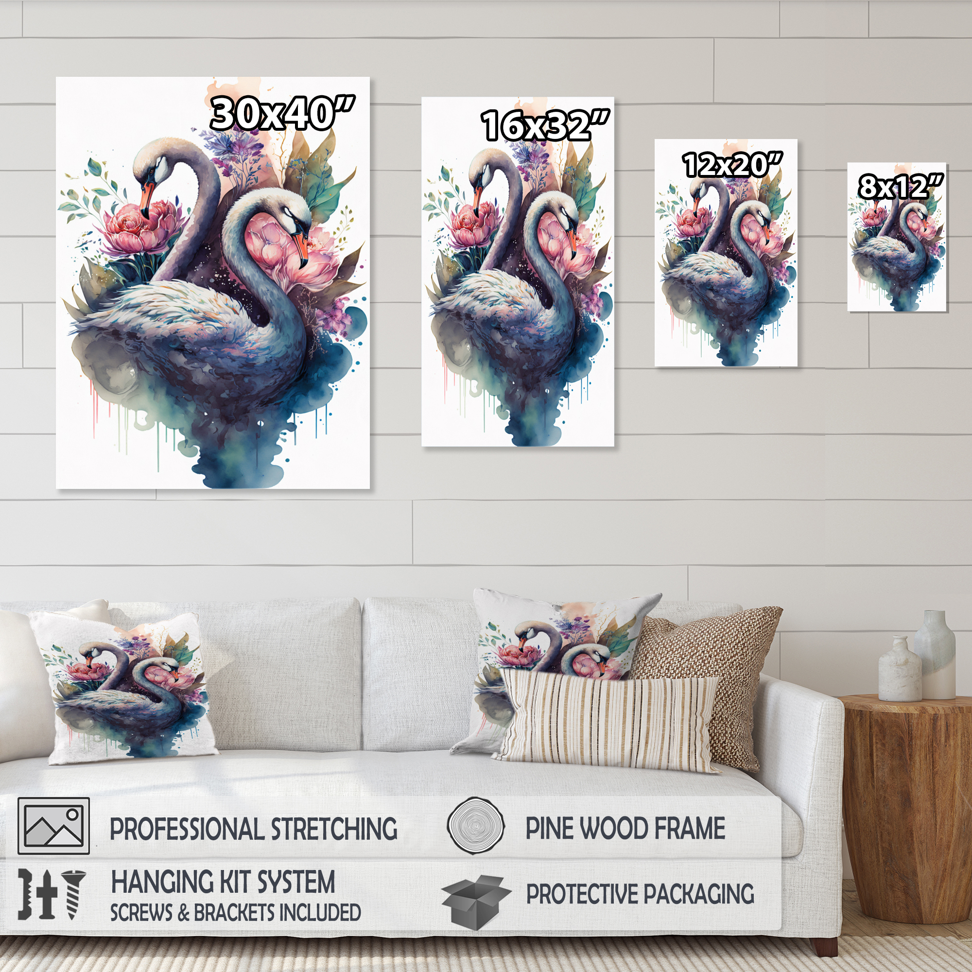 Designart Cute Swans Floral Art II Canvas Wall Art
