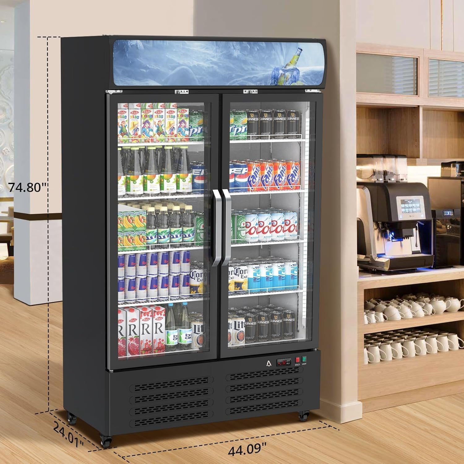 Commercial Merchandiser Refrigerator, 2 Glass Door Display Refrigerator, 25.3 Cu. Ft Upright Beverage Display Cooler with LED Light, Adjustable Shelves