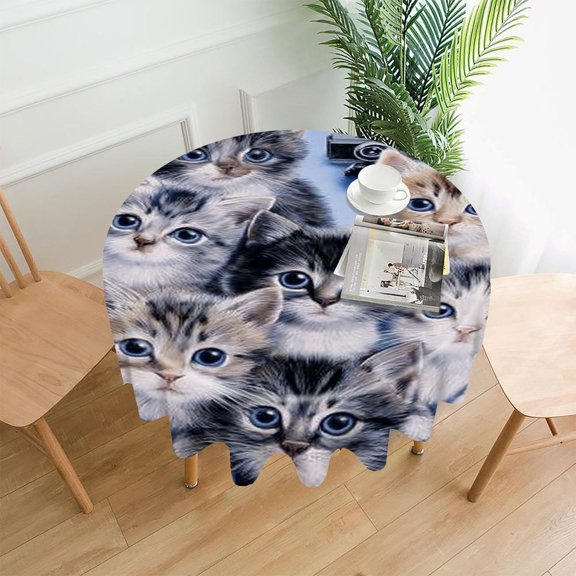 RKSupls 60 Inch Round Tablecloth, Kittens Group Blue Premium Polyester Straight Edge Wrinkle Resistant Washable Table Cover for Party Home Dining Decor