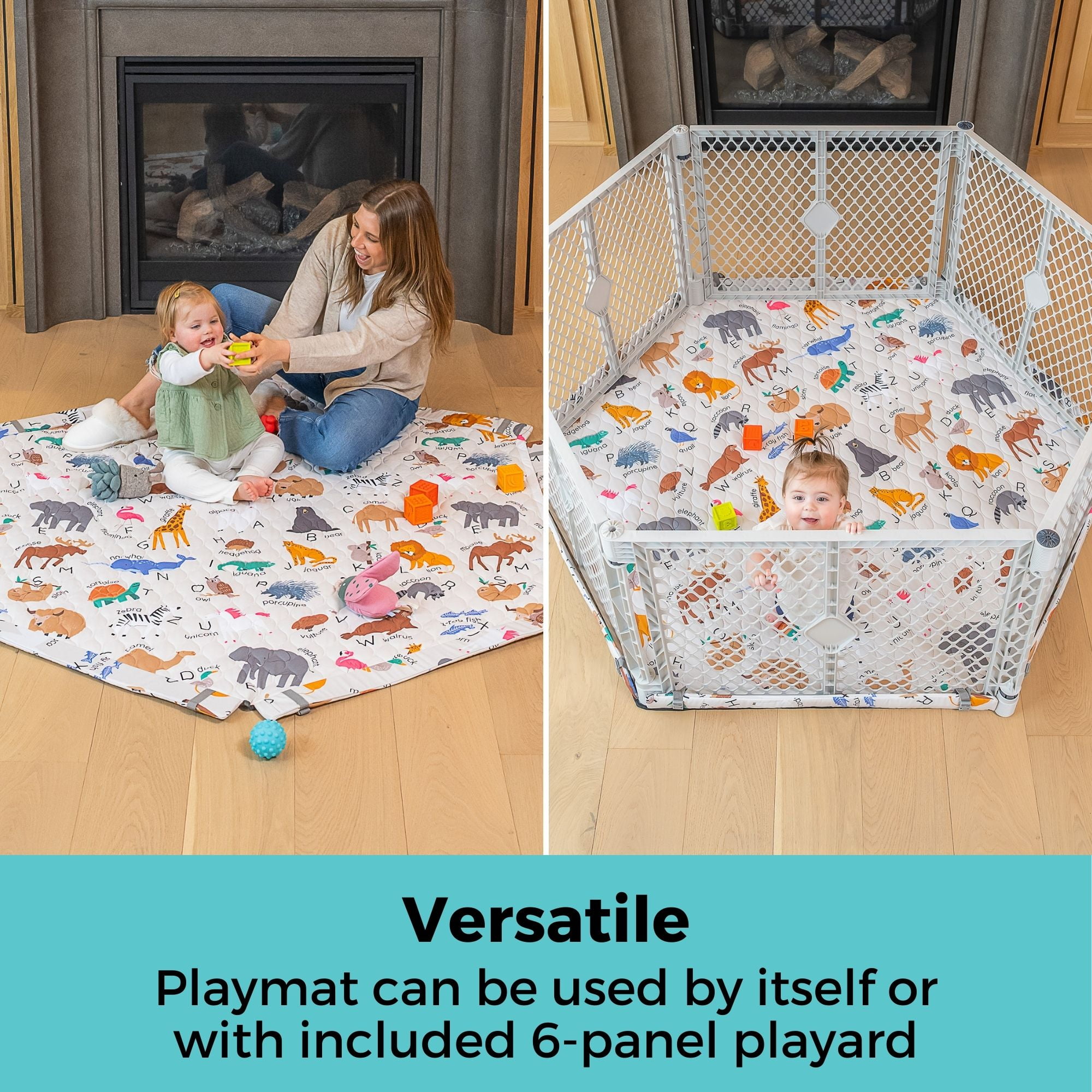 Toddleroo by North States 6-Panel Superyard Nook with SecureMat, Animal ABC, Light Gray
