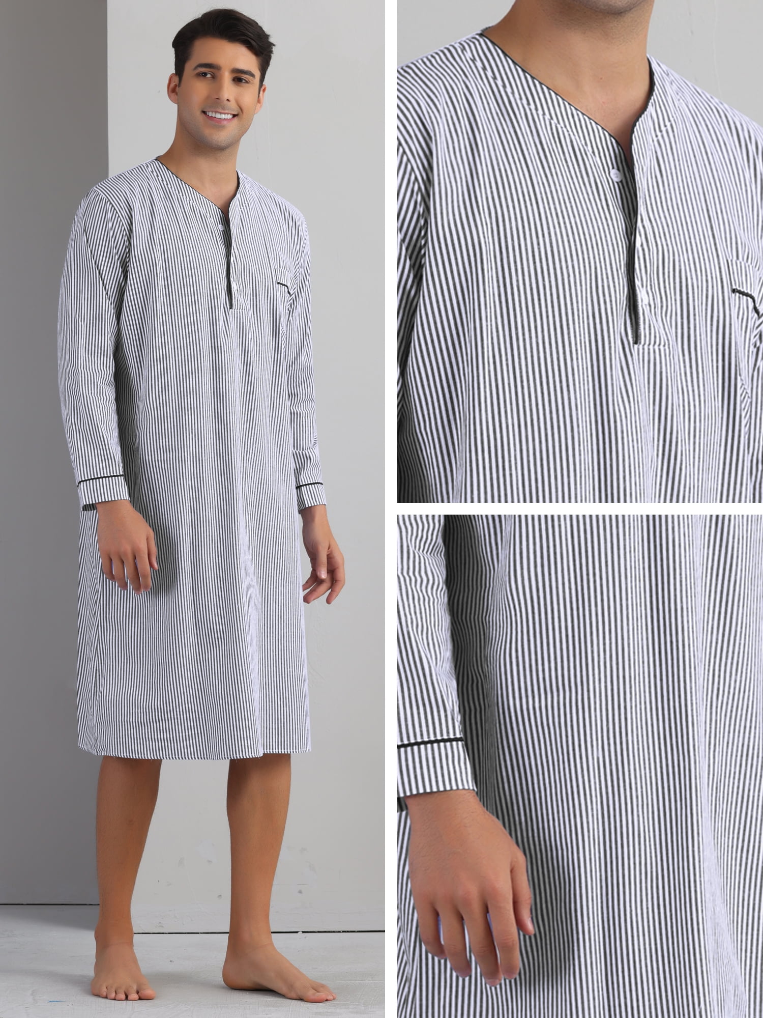 DARING DIVA Men's Striped V-Neck Button Front Long Sleeve Comfortable Nightshirt XL Black