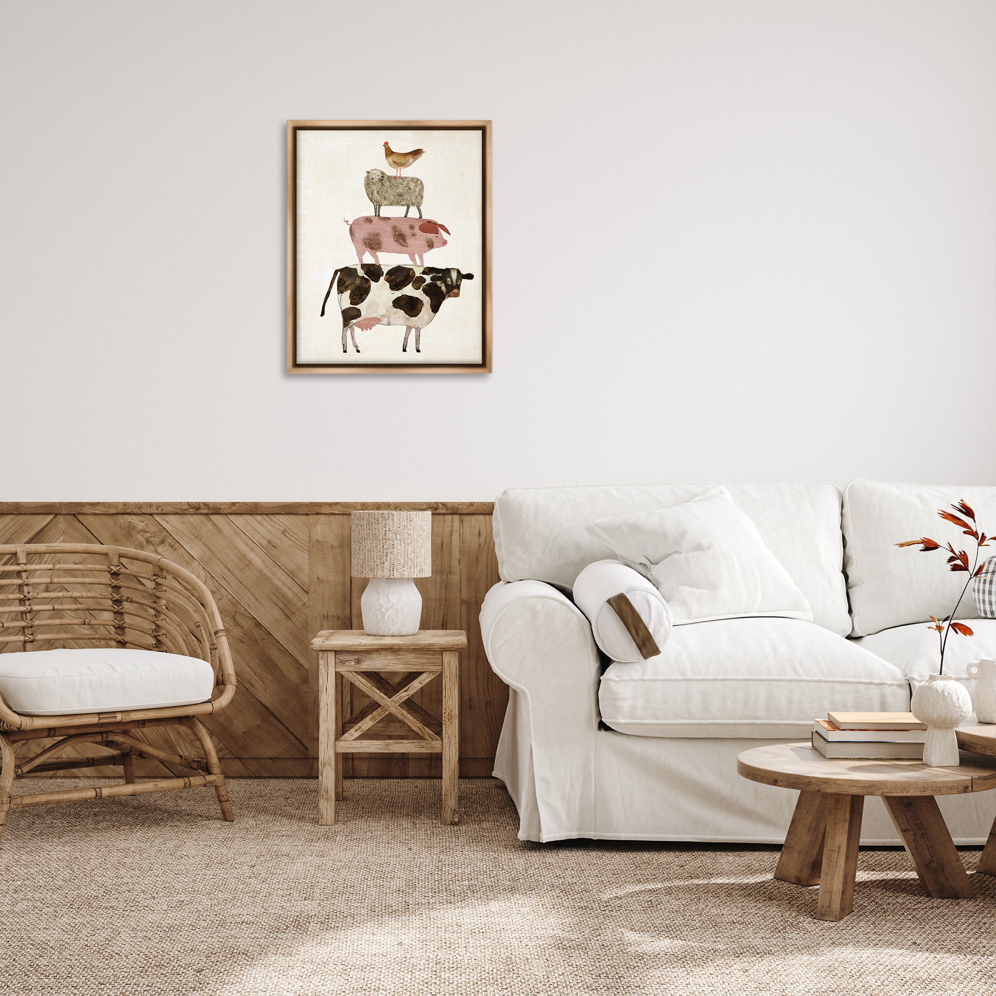 Stupell Industries Barnyard Buds Stacked Animals Animals & Insects Painting Brown Floater Framed Canvas Art Print Wall Art, 25 x 31