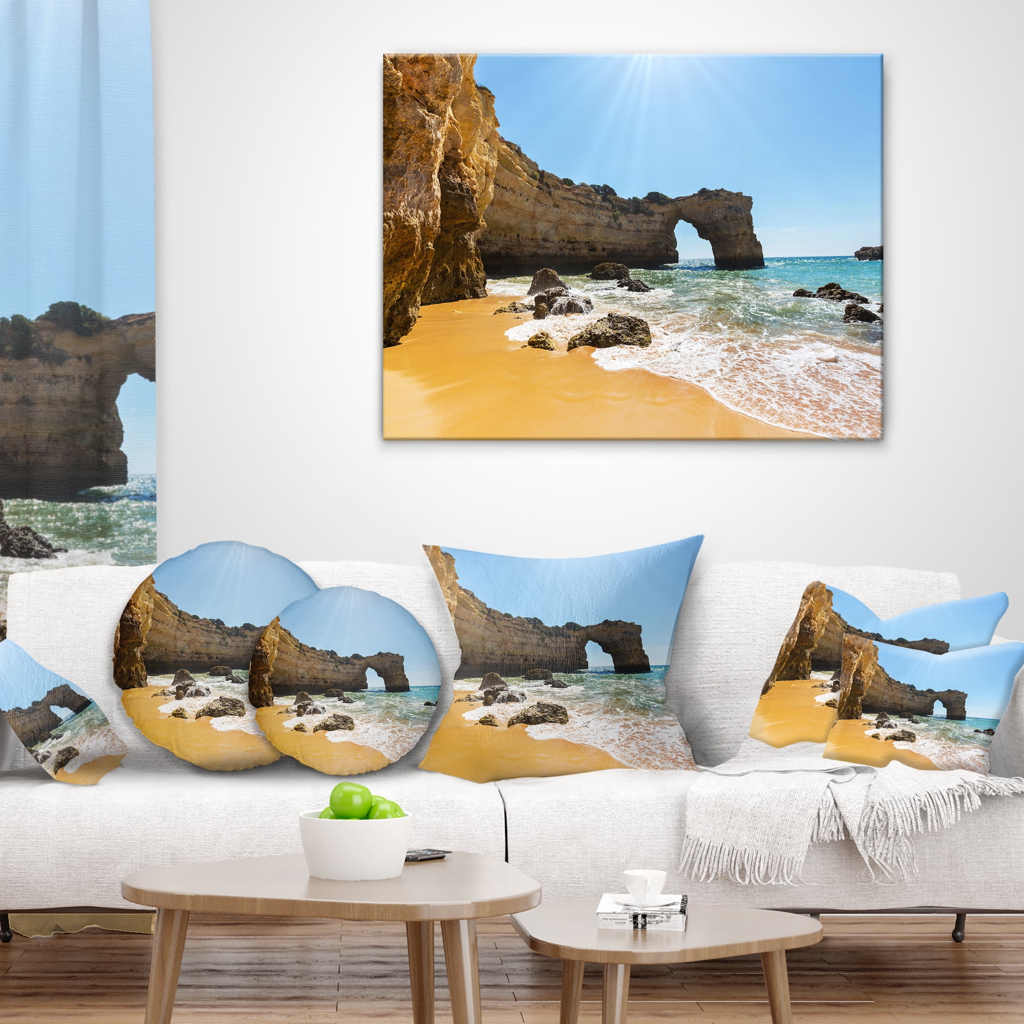 Designart Wide Portugal Beach with White Waters - Modern Beach Throw Pillow - 18x18