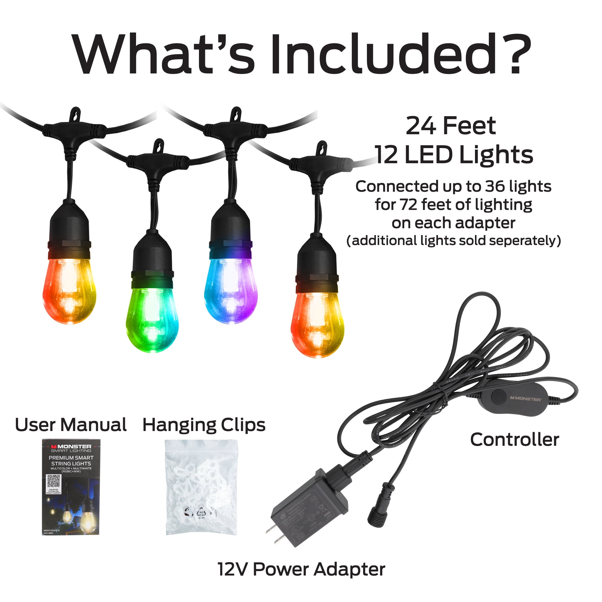 Monster Smart String Lights, Sound Reactive Outdoor String Lights w/ Voice Control, for Christmas, Halloween, Party, Gameday and More, 24ft (12 Lights)